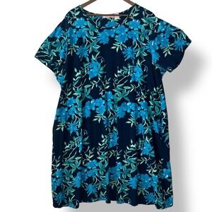 La Cera 3X Dress Navy Blue Floral Luna Garden Casual Pockets 100% Cotton Plus